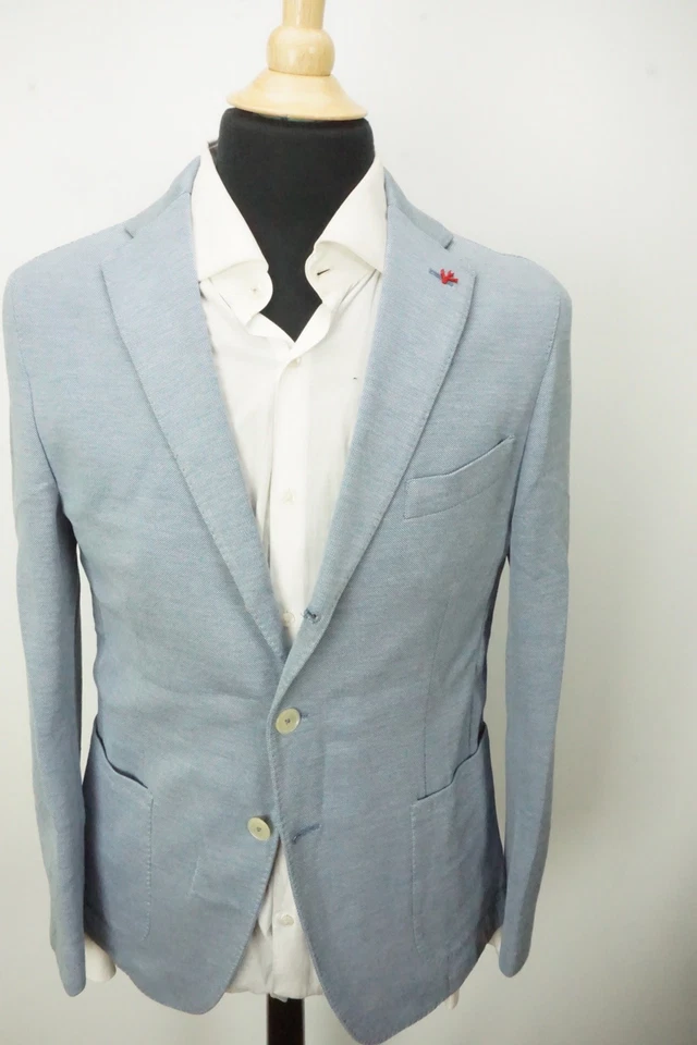 Chaqueta Abrigo Deportivo G1N con Etiquetas Isaia Napoli Azul Blanco Tejido Mezcla Algodón 42R Foto 3 de 4