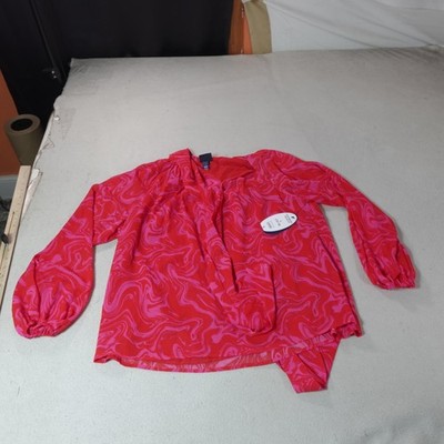 Vintage Scoop Shirt Womens Large Red Swirl Print Disco Retro Tie Neck Loose Top