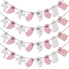 4 Pcs 8.2 ft Halloween Ghost Garland Banner, Pink White Glitter Girly Halloween