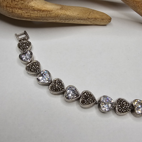 Vintage Zirkonia Markasit Sterlingsilber Herzen Armband Größe 7,25 Zoll - Bild 3 von 11
