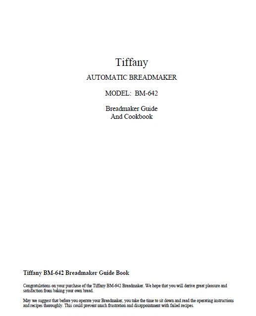 Tiffany Bread Machine Manual BM642, TBM131, TS018S
