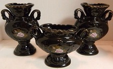 Vintage Set of (3) Embossed Handled Ewer Style Black Floral Vases Gold Trim Exc