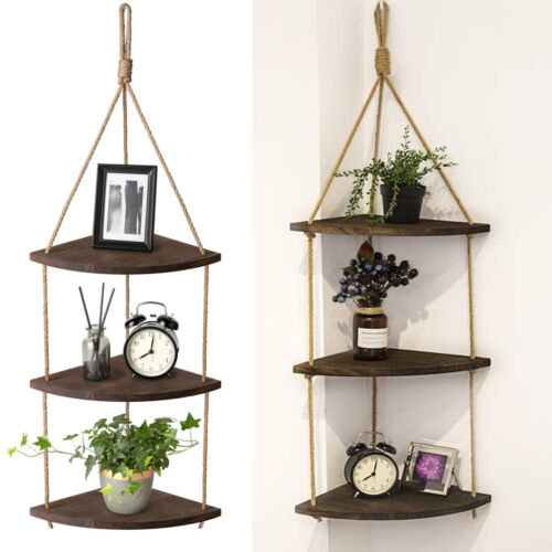 Solid Wooden Rope Hanging Corner Wall Shelves Storage Organizer Rack Home Decor - Picture 1 of 12