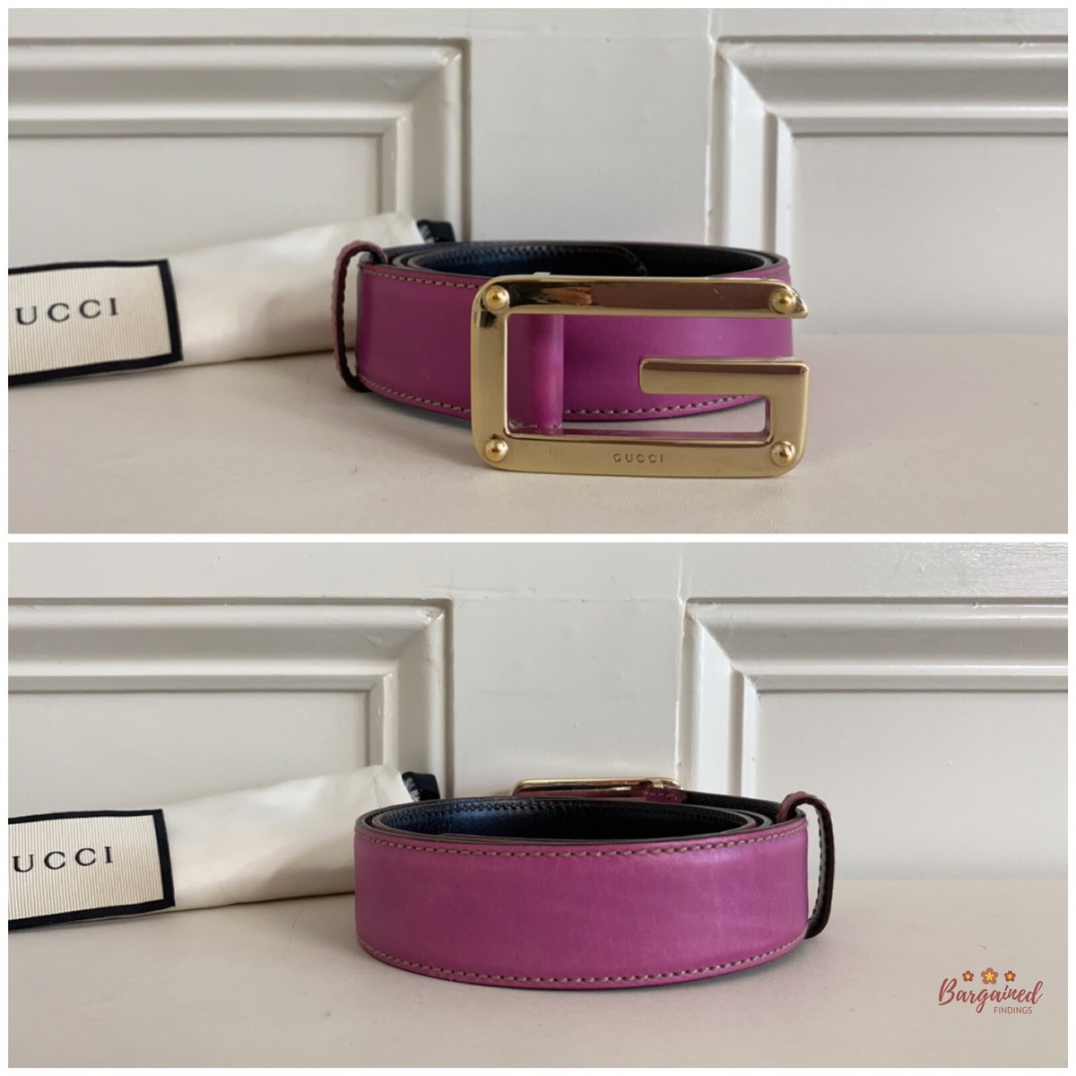 Authentic Gucci Dark Pink Leather Gold G Logo Buckle Belt