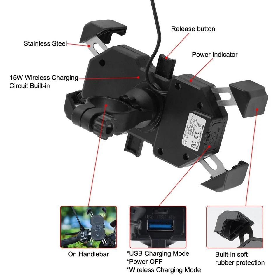 15W Motorcycle Motorbike Phone Holder Charger Fast Wireless Charging Mount UK - Image 4 of 4
