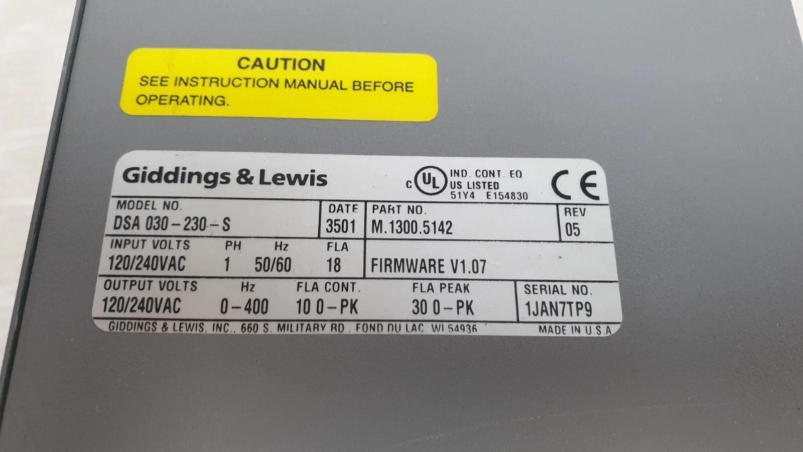 Nameplate: DSA 030-230-S, part no. M.1300.5142 rev 05, 120/240 VAC, firmware V1.07