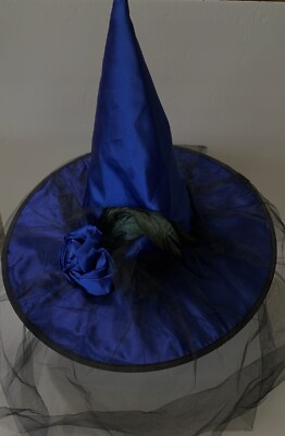 Fancy BLACK & BLUE WITCH HAT Tulle Feathers FABRIC ROSES  display picture 3