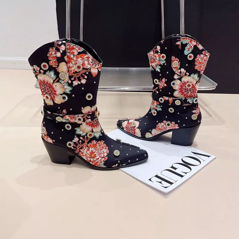 Botas Mujer Camperos Negro Flores Colorido Piel Sintético Elegantes 78649