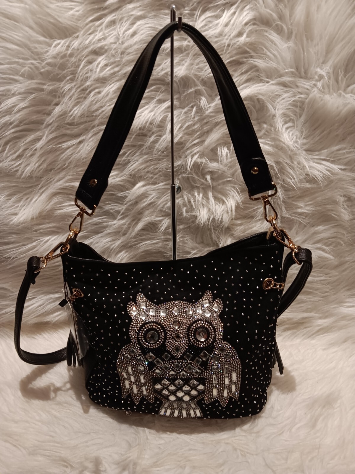 HANDBAG EXPRESS BLACK RHINESTONE OWL SHOULDER BAG-image