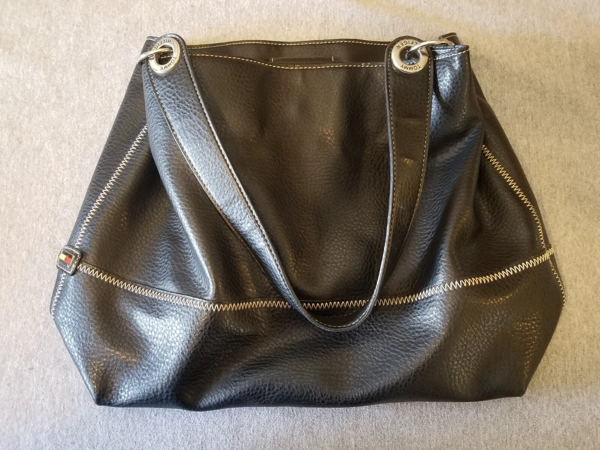 Tommy Hilfiger Black Leather w White Stitch Women s Handbag Shoulder Purse