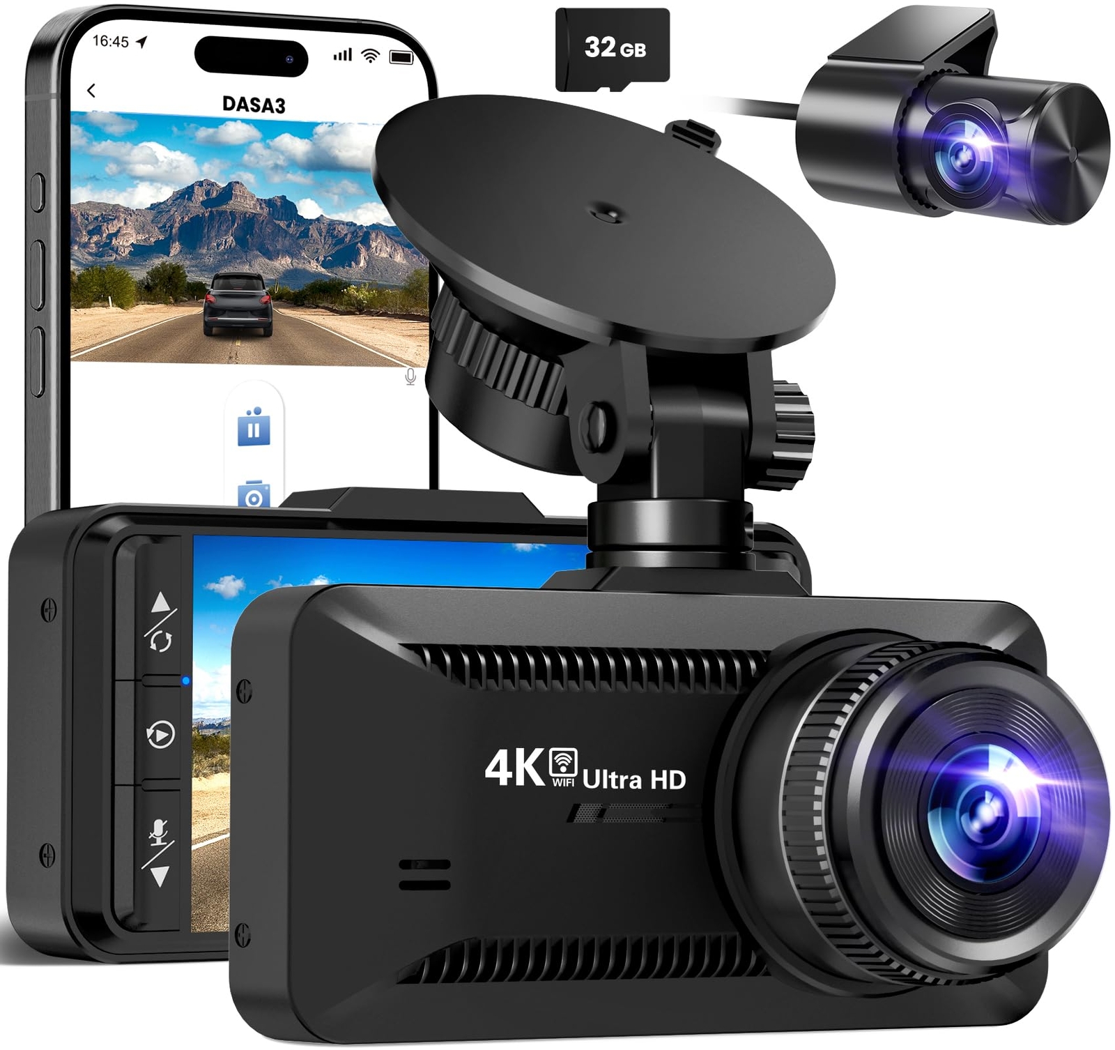 4K/1080p Front and Rear Dash Cam with Built-In WiFi for Full HD Car Recording-image