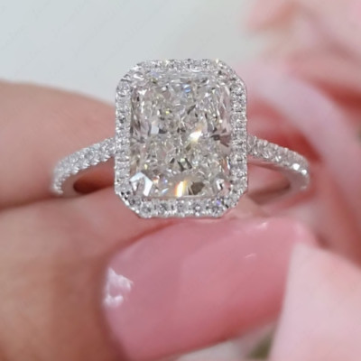 3,65 kt strahlender Moissanit Halo Ehering Verlobungsring 14 K Weißgold vergoldet