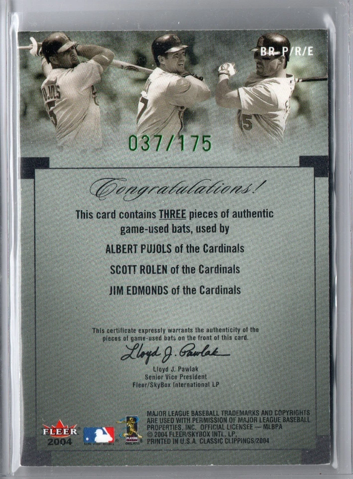 2004 Fleer Albert Pujols Scott Rolen Jim Edmonds 球棒遗物圣路易斯红雀队 — 第 2/2 张图片