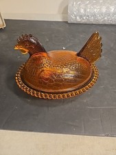 Vintage Indiana Glass Amber Hen on Nest Beaded Edge, Stippled Base