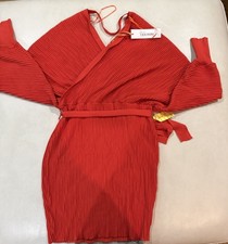 IMMODEL Women's Red Solid Ribbed Knit Wrap V-Neck Long Sleeve Mini Dress S