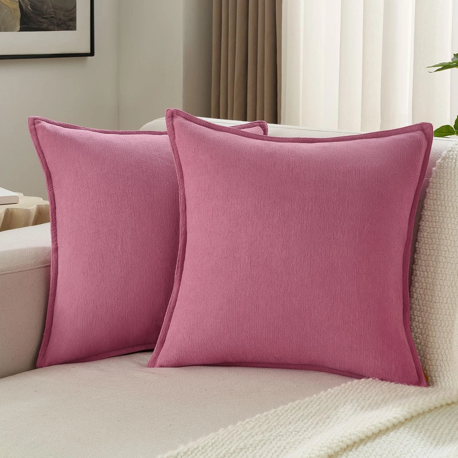 Pack of 2 Solid Chenille Throw Pillow Covers 18x18 Inch Soft Edge Decorative ...