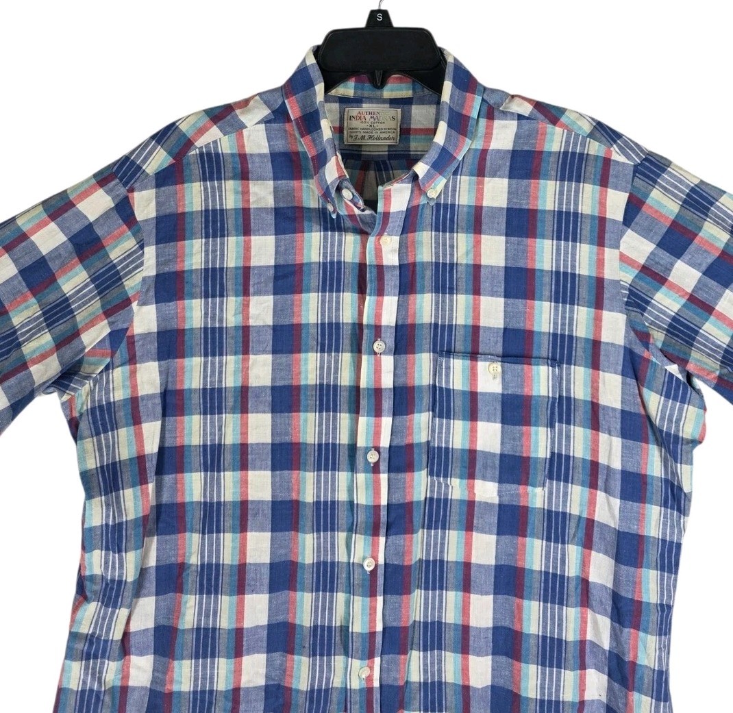 Vtg J.M. Hollander India Madras Plaid Shirt Mens XL Button Down Blue Red SS USA View 4