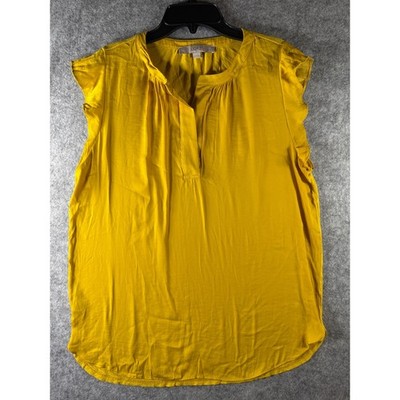 LOFT Petites Mustard Yellow Ruffle Cap Sleeve Split Neck Blouse Size LP