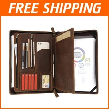Premium Full Grain Leather Portfolio Organizer with Zipper for Professionals