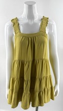 Shinestar Swing Sun Dress Sz Medium Tiered Boho Yellow Ochre Square Neck Womens