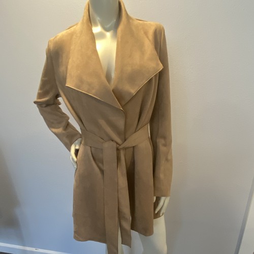 Haute Monde Women’s Tan Mid-Length Wrap Coat Belted Tie Long Sleeve L