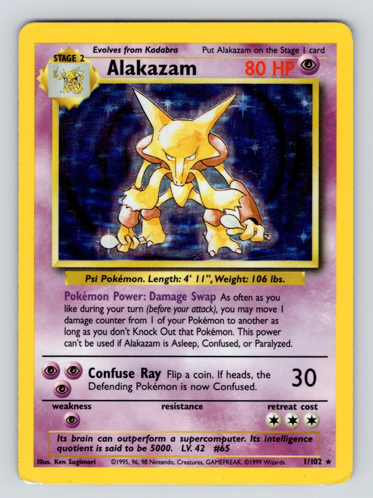 Alakazam 1/102 Holo Rare Unlimited Edition Base Set Pokemon Card 1999 WOTC PL*