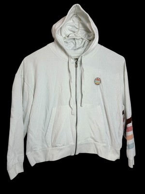 Rip Curl Hoodie Women 2XL White Full Zip Fleece Striped Sleeve Surf Beach Patch