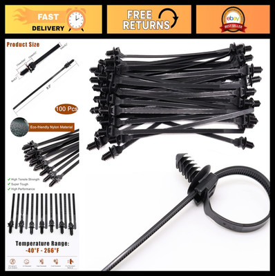 8'' Push Mount Zip Ties - Black Cable Ties with Push Pin Fir Tree - 100 Pack