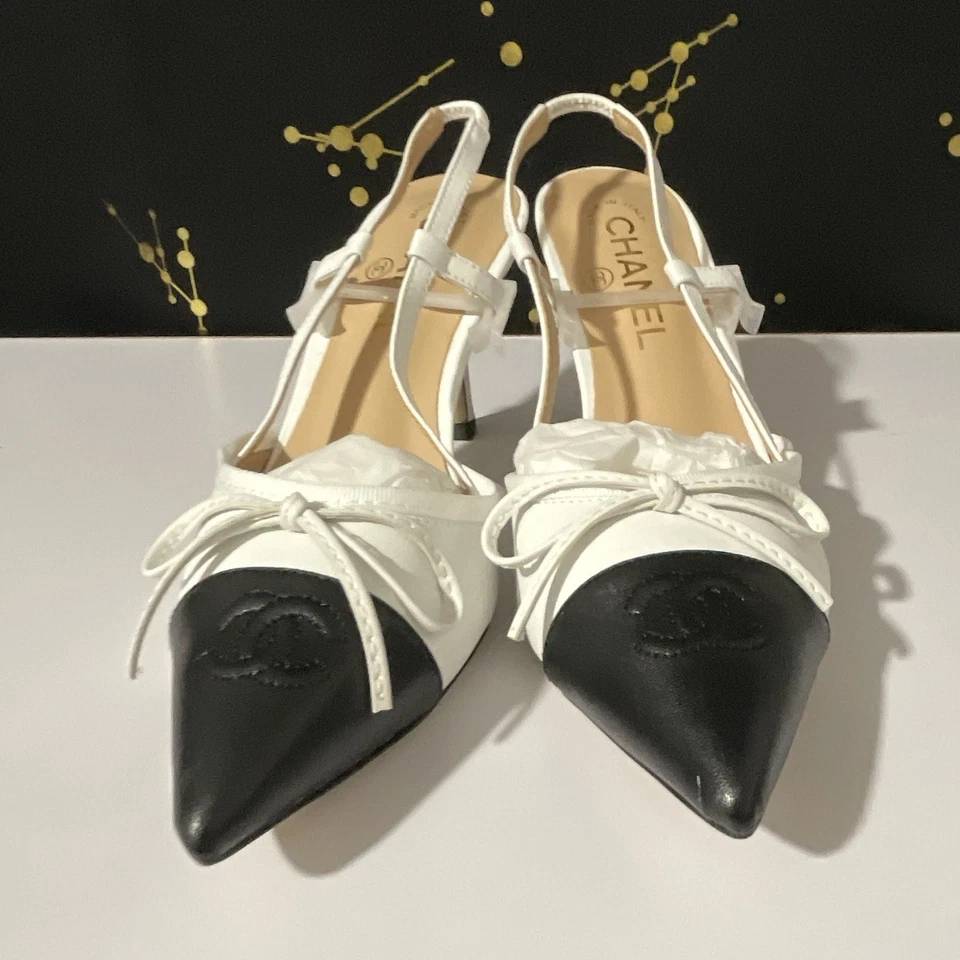 CHANEL Black/White Leather Slingback Pointed Toe Spool Mid Heels UK 6 EU 39 - Image 1 of 4