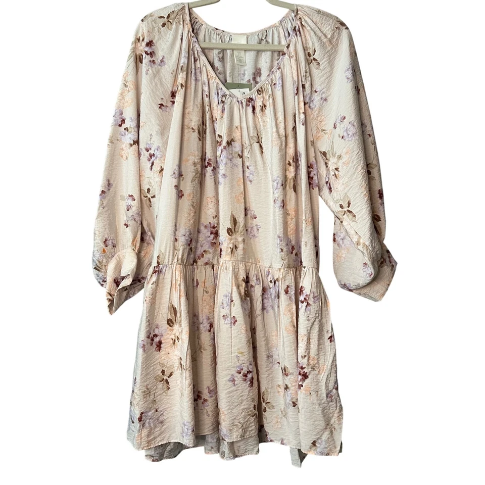 H&M Floral Print Mini Dress Long Sleeve Tiered Hem V Neck Beige Size S - Image 4 of 4