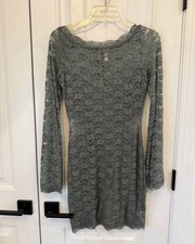 Free People Lovely in Lace slate gray stretch sheath Dress W/bell Sleeve Small