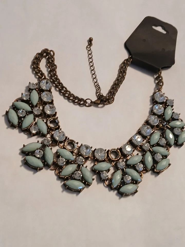 Anthropologie Chunky Mint Green & Clear Rhinestone Bib Necklace Leaves 18" Fair - Image 2 of 4