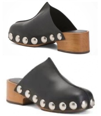 MINELLI Spain Black Leather Silver Studded Wood Heel Platform Clogs Size 38 EUC
