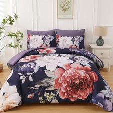Floral Bed in a Bag 7 Pieces Dark Purple Comforter Set King, Elegant Flower B...