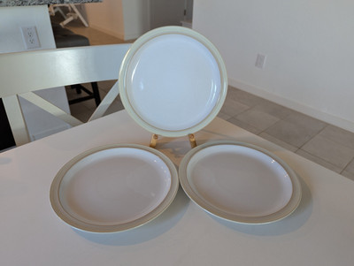 Set 3 Denby Langley Linen 8.5'' Salad Plates Beige White Stoneware England