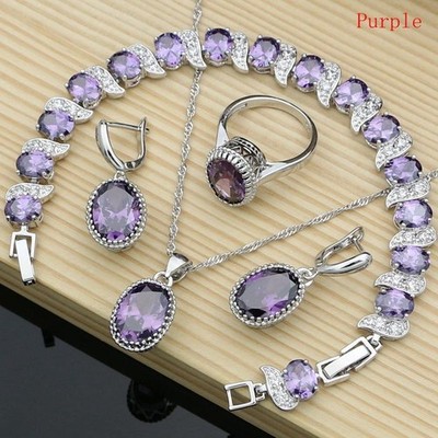 925 Sterling Silver Red Birthstone Jewelry Set Necklace Earrings Ring Gift