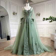 Sage Green A-Line Prom Dress Lace Flower Sleeveless Puffy Bow Back Party Gown