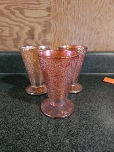 Vintage Jeanette Carnival Crackle Glass Marigold 6 oz Footed Tumblers lot of 3