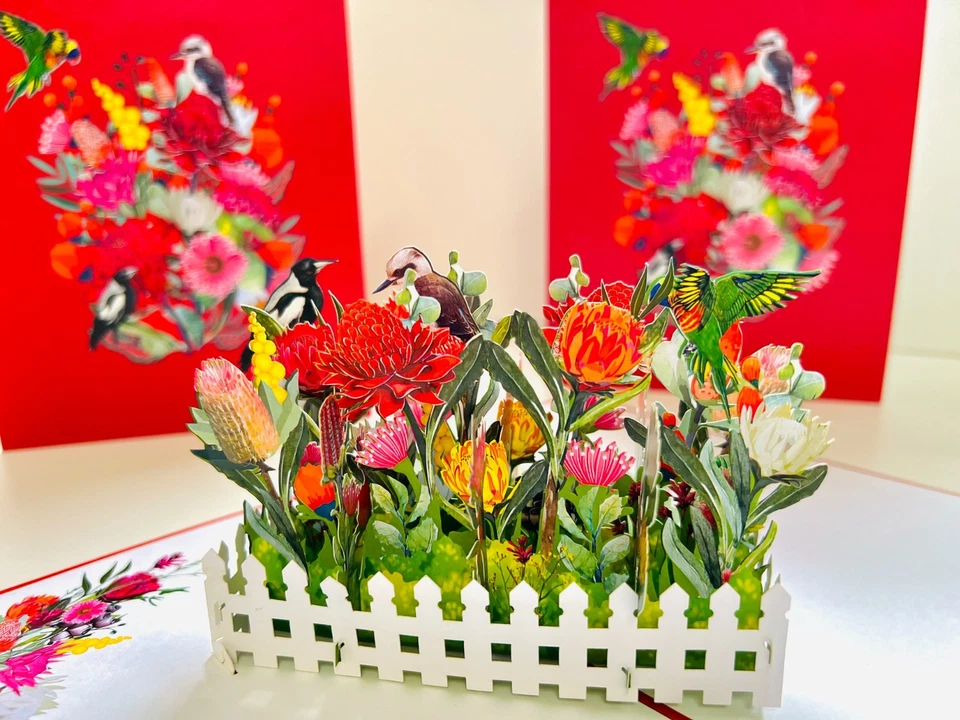 Tarjetas Pop Origami Hermoso Jardín Nativo Australiano y Pájaros Feliz Cumpleaños 3D Foto 2 de 4