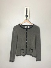 Emma James Gray Black Diamond Buttons Bow Detail Pockets Ruffle Hem Cardigan