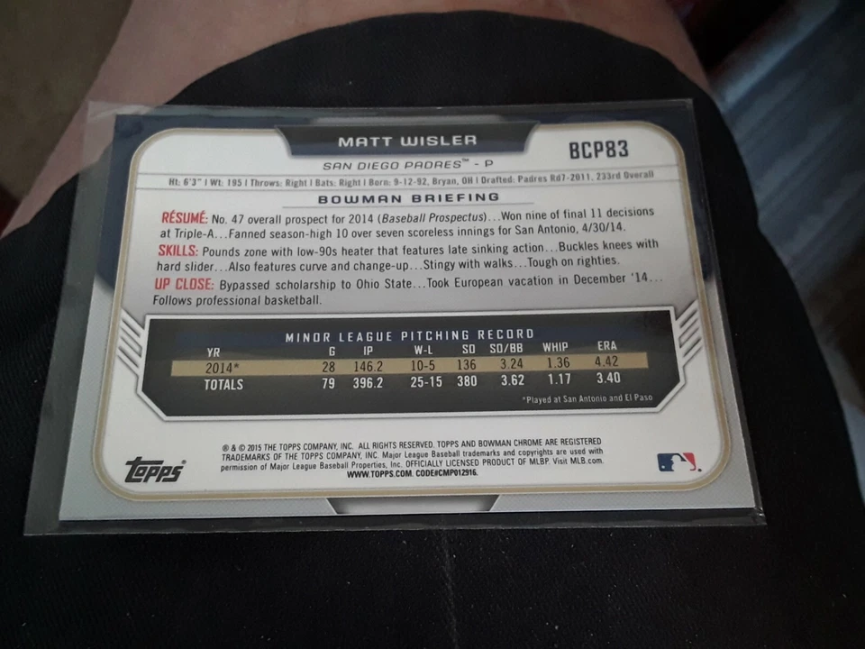 Matt Wisler SP Blue Wave RC San Diego 2015 Bowman Chrome - Image 2 of 2