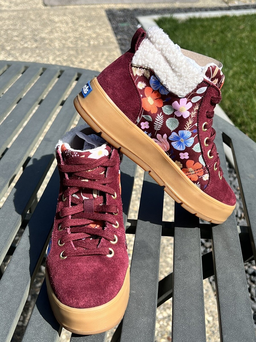 Keds x Rifle Paper Co Tahoe Burgundy Suede Floral Hi Top Womens Sz