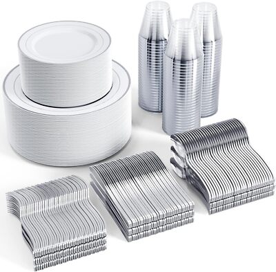 Silver Dinnerware Set 600pcs for 100 Guests Silver Rim Disposable Plastic Plates