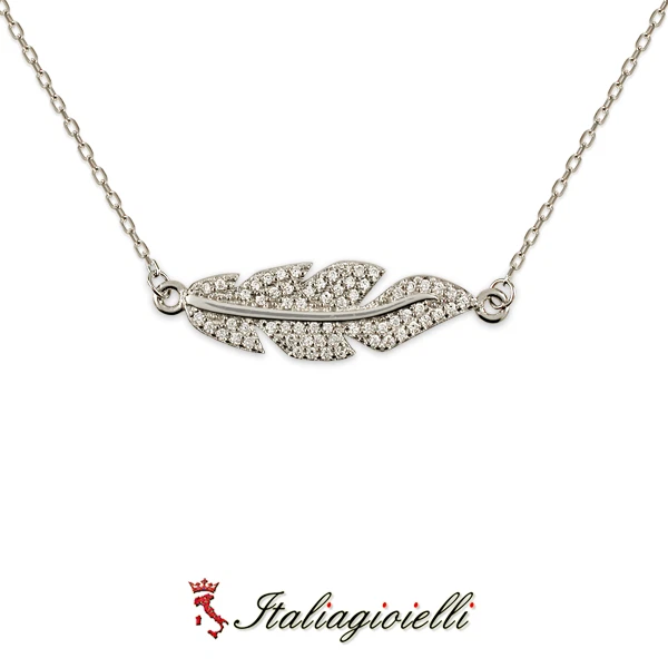 Lucente Collana Foglia Pavè Brillante in Argento 925 Rodiato Oro Bianco - Immagine 4 di 4