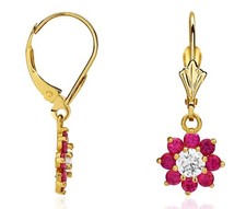 1.00 CTW 14K Solid Yellow Gold And Ruby/Topaz Flower Dangle Leverback Earrings