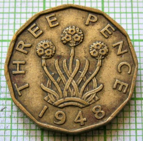 GREAT BRITAIN GEORGE VI 1948 THREEPENCE 3 PENCE, Three-Headed Thrift Plant BRASS - Picture 3 of 6