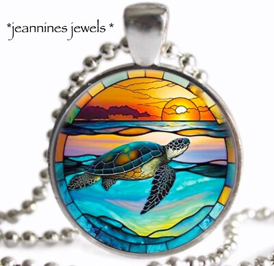 Sea Turtle Sunset Necklace Faux Stained Glass Art Print Silver Charm Pendant