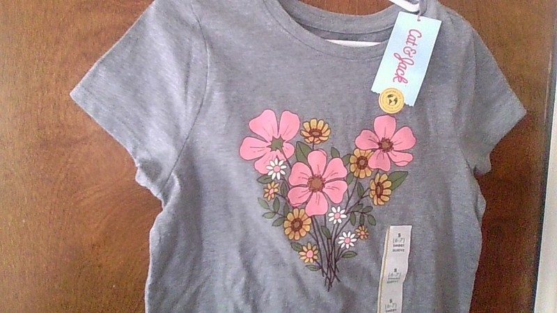 NWT Cat & Jack Girls Size S 6/7 Short Slv T-Shirt Heather Gray Floral Happy Boho