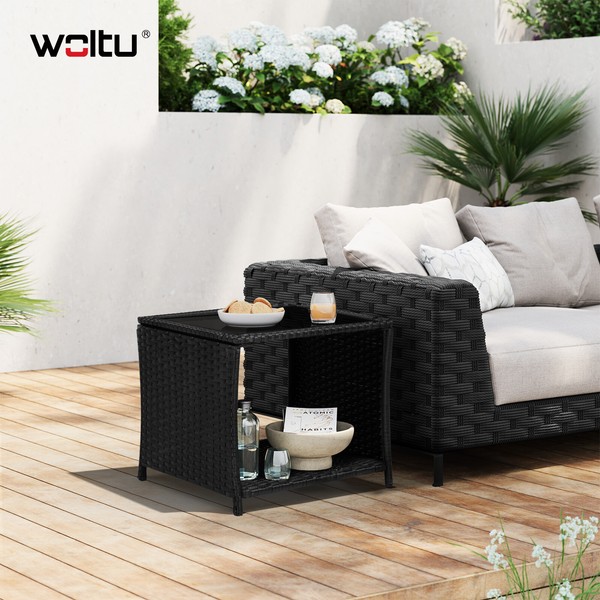 Woltu Polyrattan Gartentisch Beistelltisch Balkontisch Glasplatte Offenem Fach-image
