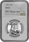 1954 50C BU Silver Franklin Half Dollar NGC Graded MS 64 White Coin